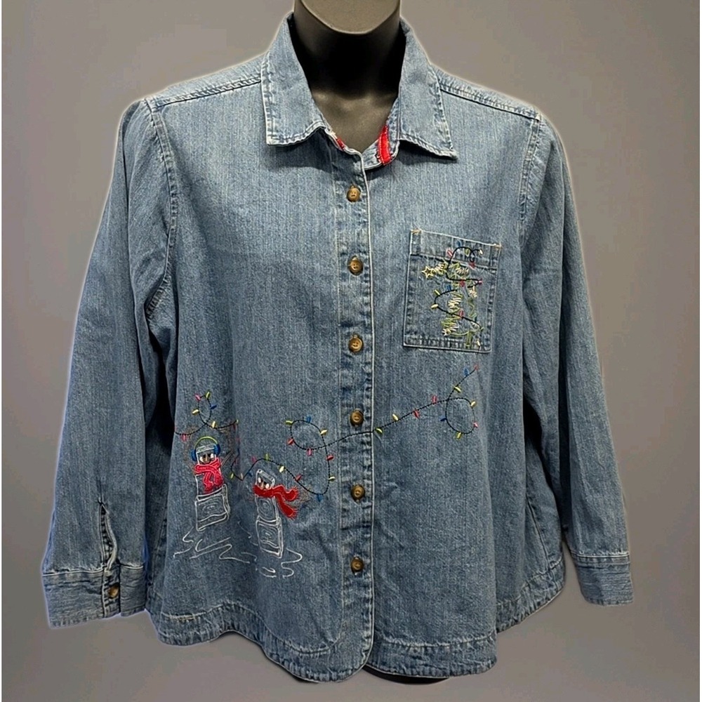 Vintage CJ Banks Christmas Denim Shirt Embroidered Holiday Snowman Lights sz 2X